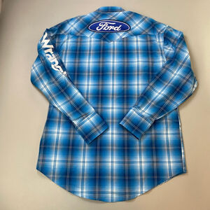 Wrangler Shirt Mens Medium Blue Plaid Ford Spell Out Pearl Snap Western Rodeo